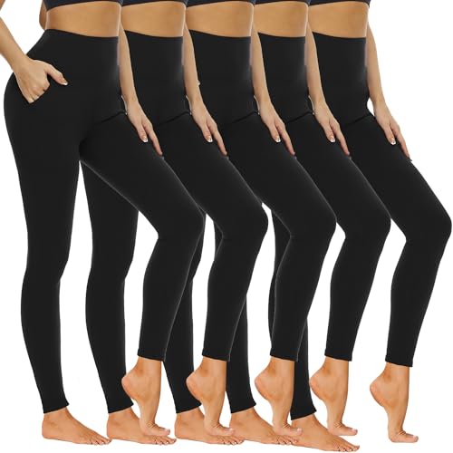 Hi Clasmix 5 Pack Leggings for Women-High Waisted Tummy Control Soft Casual Workout Black Yoga Pants with Pockets