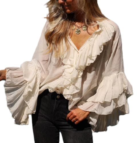 Women Vintage Ruffle Blouse Long Bell Sleeve Frilly Tops Sheer Tie Front Button Down Shirt Boho Flowy Going Out Tops (Ruffled White, L)