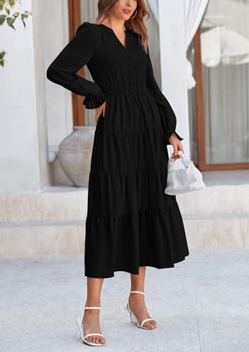 PRETTYGARDEN Long Sleeve Dress for Women 2025 Fall V Neck Tiered Aline Spring Elegant Modest Flowy Wedding Guest Maxi Dresses