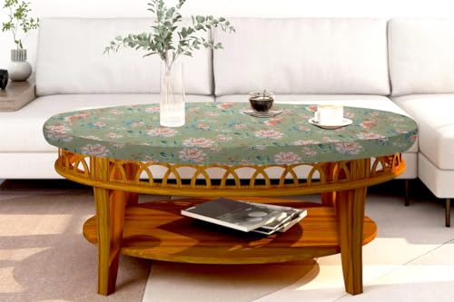 Image of The Furnishing Tree Elastic Cotton Oval Center Table Cover 18x60 in Inches Floral Multicolor on Greenish Base