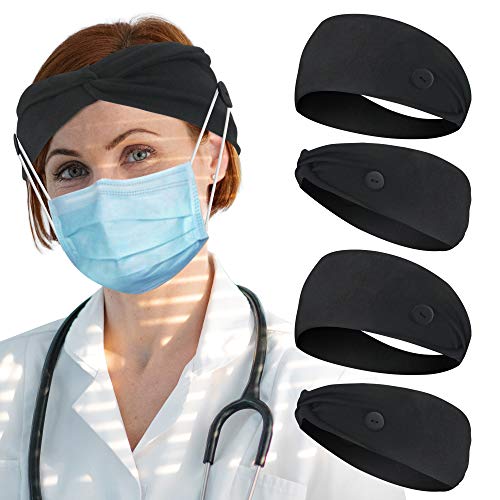 HoogaLife 4pcs Headbands With Buttons For Mask, Women's And Men's Turban Non-Slip Workout Headbands Hair Bands Protect Your Hair And Ears (Black)
