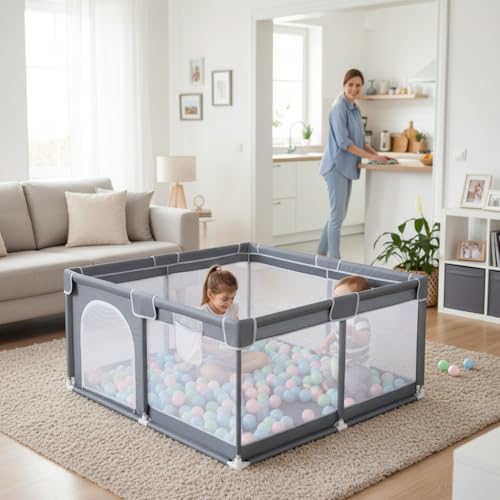 Image of ShivAnanta Baby Playpen for Home Indoor Kids Safety Play Fence with 30 Balls Mesh Play Area for 2+ Toddler Activity Zone Portable Baby Play Yard Anti Slip Child Play Space for Crawling Babies Secure Enclosure (Grey)