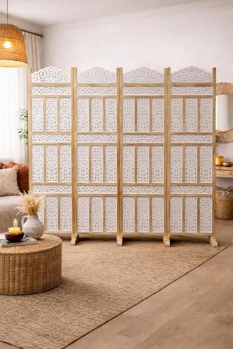 Image of Home & Goods International Wooden Room Divider Partition - Foldable Wood Screen Separator for Living Room, Bedroom, Office, Restaurant - Kangra Badrun, Natural & White (4 Panel with Stand)