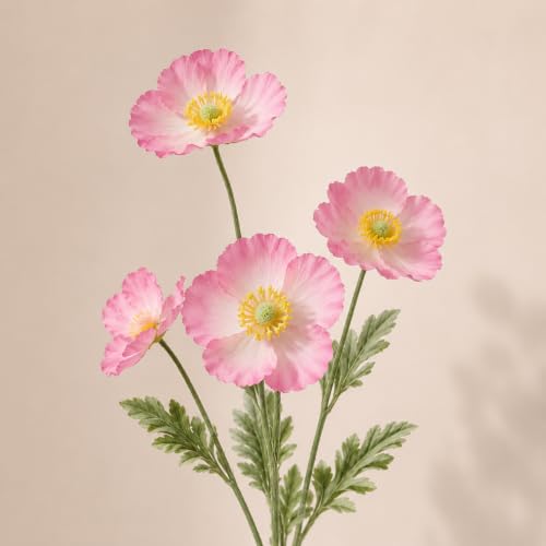 Image of CURATED CART Artificial Poppy Flowers - 2PCS 70cm Real Touch Silk Stems with 4 Blooming Heads - Pink Fake Flowers for Home Decor, Wedding Centerpieces, Table Arrangements, Party Decorations (No Vase)