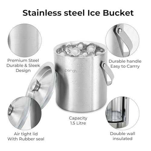Image of O' Holic by Perch Ice Bucket Trio Stainless Steel - Double Wall Ice Bucket 1.5 Litre with Lid, Ice Tongs & 30 /60 ml Jigger | Insulated Cocktail Barware for Home, Parties & Gifting