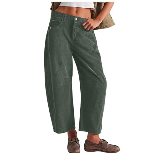 2025 Damen-Cordhose, Barrel, mittelhohe Taille, elastische Taille, Kordelhose, lässig, weites Bein, Baggy-Hose mit Taschen, dunkelgrün, L