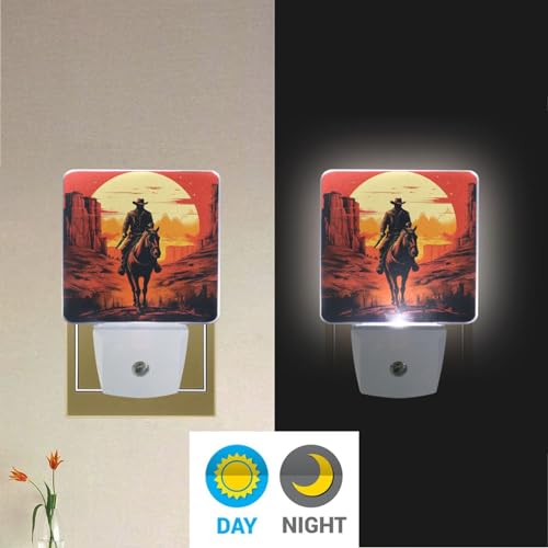 Image of Sunset Cowboy Horse Night Lights 2 Pack Plug-in Wall Led Nightlight Auto Dusk-to-Dawn Sensor Lamps for Bedroom Kitchen Bathroom