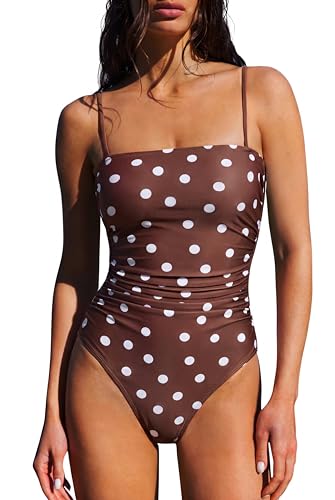 SUUKSESS Women Sexy One Piece Swimsuit Tummy Control Square Neck Bathing Suit Retro Backless Swimwear (Brown White Polka Dots L)