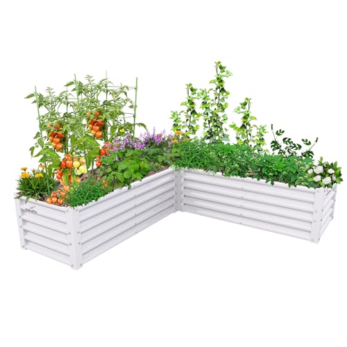 A ANLEOLIFE L-Shaped Galvanized Raised Garden Beds Outdoor,74x74x18in Large Metal Planter Box for Planting Vegetables Flowers Herb, Anti-Rust & Easy-Setup, Antique White