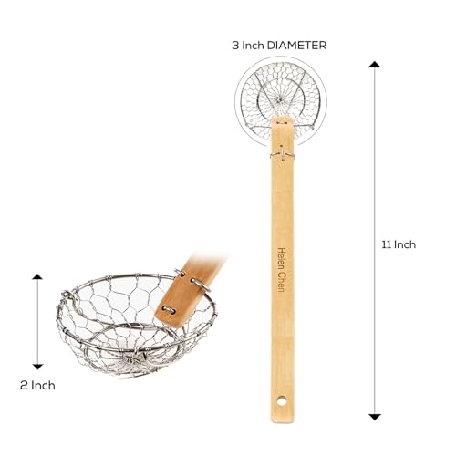 Helen’s Asian Kitchen Spider Strainer | Compact 3-Inch Bamboo Wire Mesh Ladle with Handcrafted Handle for Precision Cooking and Small Portions