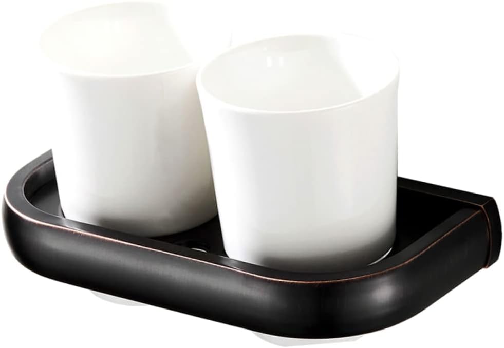 Alipis Wall Mounted Double Toothbrush Cup Holder Ceramic Tumbler Rack for Bathroom Vintage Copper Finish Heavy Duty Organizer