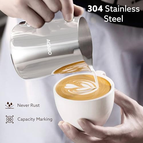 Image of AGARO Milk Frothing Pitcher - 600ml Stainless Steel Coffee Jug with Latte Art Pen | Durable 304 Grade Steel Espresso Pitcher for Milk Frothing, Cappuccino & Barista Tools