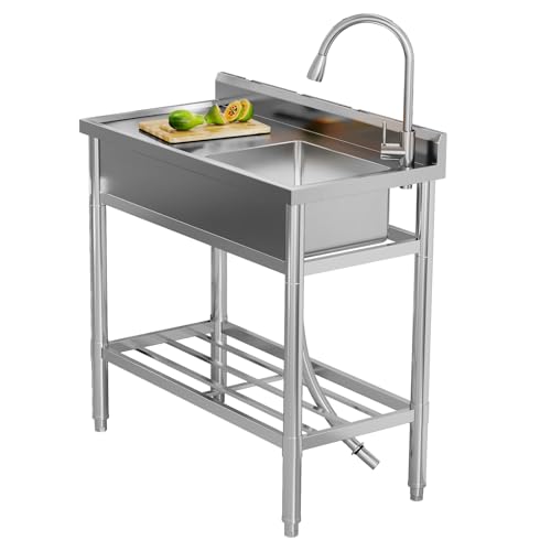 Edelstahl Spültisch 76x41x76CM, Freistehende Küchenspüle 1 Becken, Gewerbliche Spülbecken Mit Wasserhahn Kalt Und Warmwasserschläuchen, Für Waschküche Outdoorküche Gastro Geschäft Restaurant