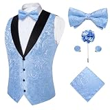 DiBanGu Mens Vest and Bowtie Set Silk Paisley Waistcoat and Bowtie Pocket Square Cufflinks with Lapel Pin for Wedding Party,Sky Blue,Large