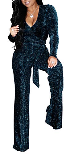 Lightlykiss Women's Sexy Sparkly Deep V-Neck Jumpsuits Long Sleeve High Waist Clubwear Loose Pants With Belt Blue #TOP1