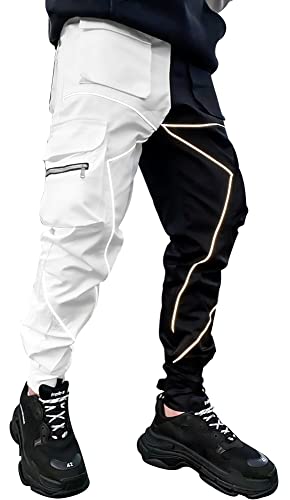 AIEOE Pantalones cargo para hombre Hip Hop Techwear con tiras reflectantes Streetwear Pantalones Punk Jogger Jogging con bolsillos y cintura elástica, negro-blanco, S