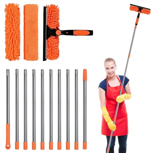 4,3 M Limpador de cristais telescópico com cabo longo 2 em 1 kit profissional de limpeza de cristais com raspador e pano de limpeza para janelas altas paredes e carros