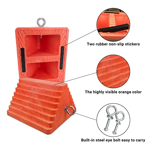 Image of HOXWELL 2 Packs Wheel Chocks Heavy Duty Orange with Eyebolt, Vehicle Chock for Travel Trailers, Camper, Truck, Car and ATV, 9.1 inch Length x 7.1 inch Width x 5.5 inch Height