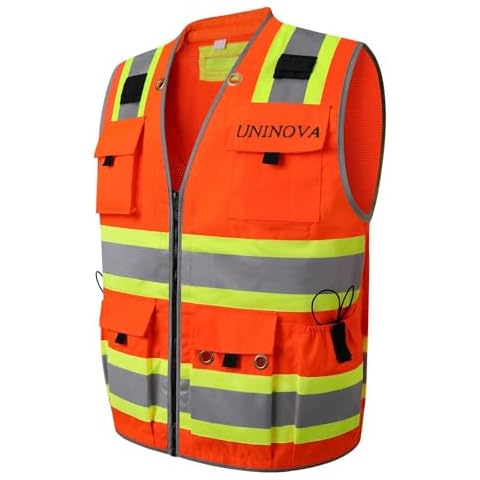 UNINOVA Class 2 Heavy Duty Surveyor Safety Vest Reflective for men, Safety Vests Reflective with Pockets and Zipper, High Visibility Construction Work Vest with Padded Neck Cover