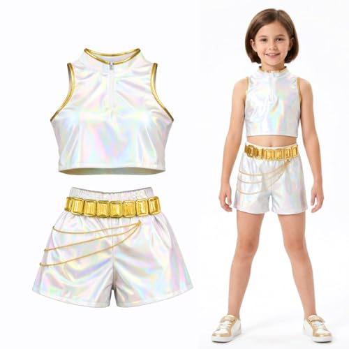 Image of Wanna Party Korean Pop Inspired Demon Hunterz Rumi Iridescent Costume Set for Girls (Size L, Age 6-8 Years) | Holographic Top, Shorts, Belt & Chain Party Outfit