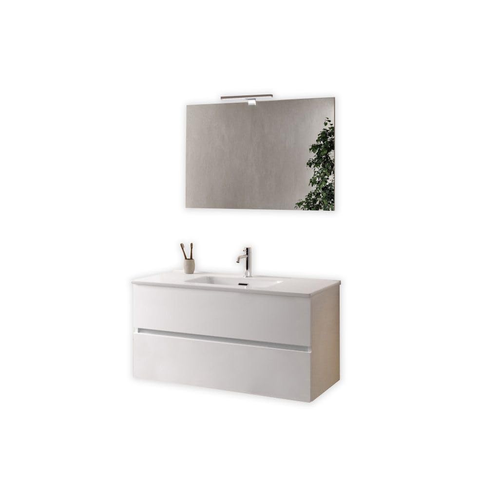AQA DESIGN accessori casa composizione bagno, nr2 cassetti con scorrimento e chiusura soft close, maniglia a gola in melaminico, nr1 lampada led a - Bianco - 101x46,5x190 cm