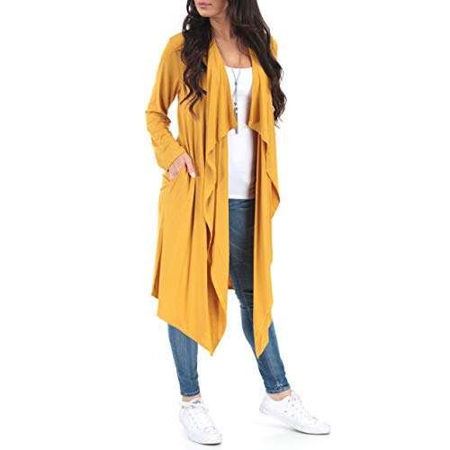 Womenâ€™s Knee Length Draped Cardigan with Pockets in Regular and Plus Sizes Mustard