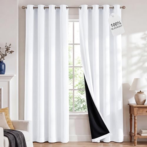 NICETOWN 100% Blackout Window Curtain Panels, Cold and Full Light Blocking Drapes with Black Liner for Nursery, 84 inches Drop Thermal Insulated Draperies (White, 2 Pieces, 52 Wide Each Panel)