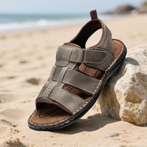 Image of ArcBrothers Men's Premium Leather Sandals - Classic Roman Style Open Toe Sandals - Cushioned Heel, Non-Slip & Sturdy Support