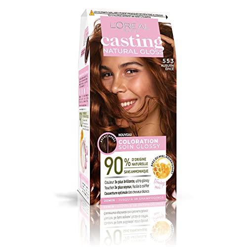 L'ORÉAL PARIS - Tinte permanente para el cabello – Color ultra brillante – Sin amoniaco – 90% ingredientes naturales – Casting Natural Gloss – Nuance: Auburn especiado (553)