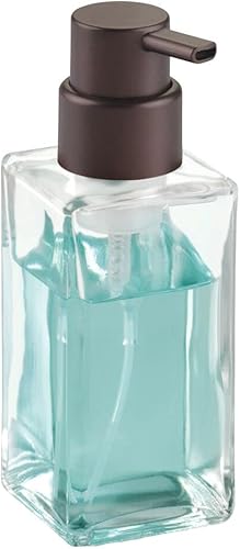 Miniatura 6 de mDesign - Dispensador de jabón de manos cuadrado, de cristal, rellenable, para cocinas o cuartos de baño, para encimeras, Vidrio, transparentebronce
