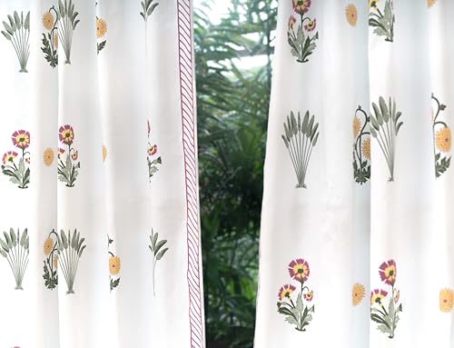 Image of Tranquebar Curtain Co. Window Curtains 5 Feet, 60-65% Room Darkening, Pink Ethnic Curtains Palms Print, Cotton Curtains for Window, Cotton Curtains 5 Feet Long Set of 2, BackTabs, Bagh (152 cm)