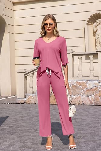 Image of difficort Outfits for Women 2025 Raglan Short Sleeve Lounge Sets Wide Leg Knit Loungewear with Pockets,Dark Pink,Large