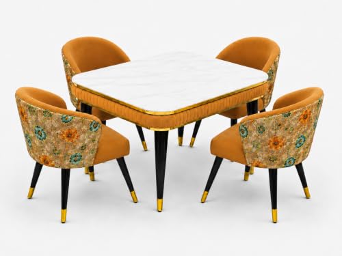 Image of WOODEN SPACE Majestic 4 Seater Wooden Dining Table Set | Urban Marble Top Dining Table with Chairs for Dining Room & Kitchen (Modern Classic Printed Mustard) (54 x 36 x 30 inch)