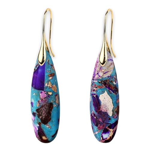 Natural Stone Earrings Fishhoop Purple Gold Drop Earrings for Women Purple Teardrop Dangle Earring Fish Shape Bohemian Jewelry for Women