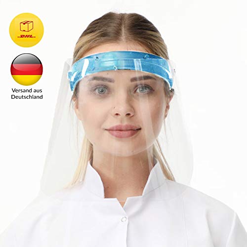 Preisvergleich Produktbild Gesichtsschutz-Schirm Augenschutz Spuck-Schutz - Face Shield - transparentes Gesichts Schutzschild mit verstellbarem Gummiband für Männer - Frauen / Made in Europe (1, Blau)