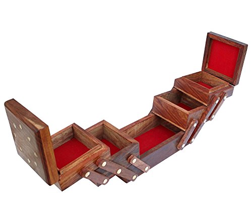 ITOS365 Wooden 5-in-1 Jewellery Box for Women - Wood Brown Finish | Handmade Jewellery Storage Ogranizer with Multiple Compartments & Carvings | Birthday & Aniversary Gift for Women