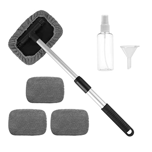 BouGPeng Brosse de Nettoyage de Pare-Brise de Voiture Kit de Brosse de Lavage Voiture Telescopique Rotation à 180° Extensible Brosse de Fenêtre de Nettoyage à Manche Long avec 4 Brosse en Microfibre