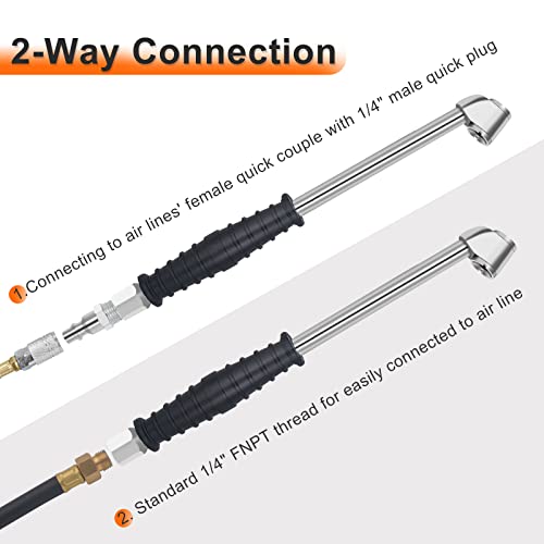 SAFELIFE 8.6\" Extended Reach Dual Head Air Chuck, 1/4\" FNPT 2-Way Connection Dually Air Chuck for Semi Trucks Tires with Rubber Handle