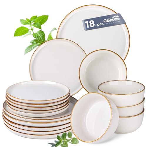 GBhome Stoneware Dinner Sets for 6 People, 18 Pieces Handcrafted Embossed Plates and Bowls Set, Scratch Resistant Dinnerware Set, Dishwasher & Microwave Safe Crockery Set (Pearl White, Set of 18)