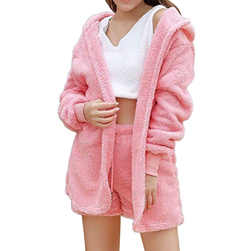 Pyjama Pilou Pilou Femme Polaire Pyjama Set Hiver Sexy Ensemble de 3 Pièces Hiver Chaud Pyjamas Manches Longues Velours À Capuche Veste Manteau Short Crop...