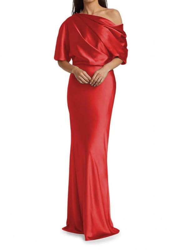 Image of Mermaid Satin Mother of The Bride Dresses for Women Ruched One Shoulder Formal Evening Gowns