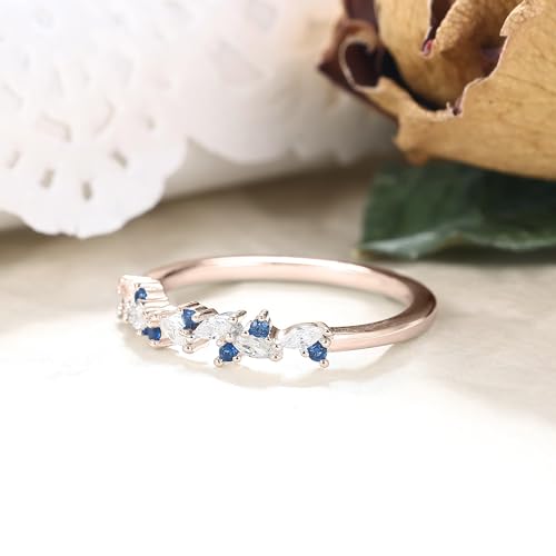 Art Deco Bridal Wedding Band for Women Created Blue Sapphire Cubic Zirconia 925 Sterling Silver Plated White/Rose Gold Half Eternity Birthstone Promise Ring for Her Size 4-94