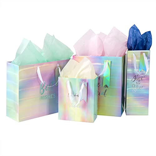 Gift Bags Assorted Sizes, Iridescent Party Bags With Tissue Paper - 4 Pack, Holographic Silver Foil Paper Bags Wine Bottle Gift Bags For Birthday Party, Favor Bags, Baby Shower, Thanks Giving, Christmas, Wedding, Halloween #TOP20