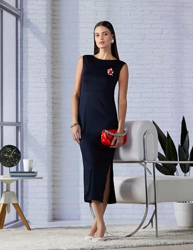 Image of Zima Leto Women's Navy Cotton Blend Knitted Bodycon Dress | Sleeveless Boat Neck Slim Fit Calf Length Style with Embroidered Patch | Stylish Winter Casual Dress for Women Ideal for Anniversary