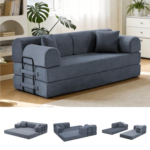 Image of 79'' Convertible Sofa Bed, 6 in 1 Folding Floor Futon Couch Sleeper with Fixed Frame, Corduroy Modular Sofa Bed with Removable Armrests & Pillows, No Assembly for Living Room Bedroom (Dark Gray)