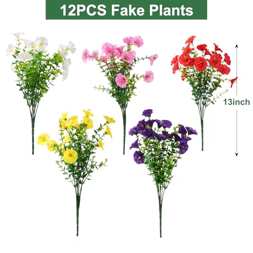 Image of Artificial Flowers for Outdoors, UV Resistant Fake Silk Morning Glory, Realistic Faux Plants for Outside Porch Patio Window Box Hanging Planter (12, Purple White Yellow Pink Red)