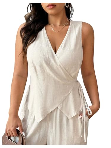 Floerns Women's Plus Size Linen Maternity Tank Top Wrap V Neck Tie Side Sleeveless Camisole Apricot 4X-Large Plus