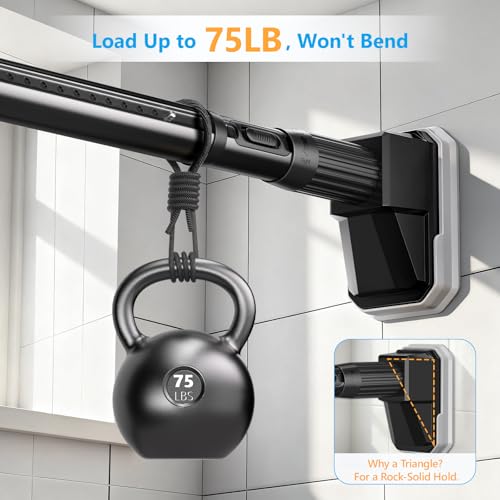 Image of FADOTY Tension Curtain Rods No Drilling, Extra Long Tension Rod 41-139 Inch, Heavy Duty Shower Curtain Rod for Outdoor Patio Bathroom Windows Room Divider, Adjustable, Anti-Slip, No Rust, Black