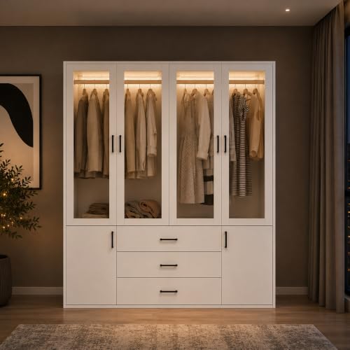DULRLLY Armoire Moderne Blanc avec Éclairage LED, Placard Multifonctionnel pour Chambre avec 4 Portes Transparentes, 3 Tiroirs, Compartiments et Tringle à Vêtements pour Appartements et Chambres