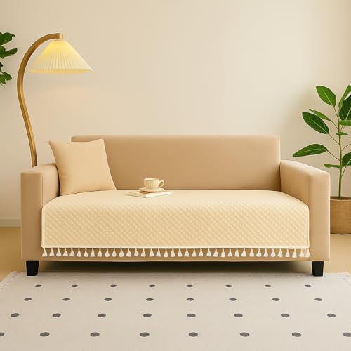 Image of Roseate Quilted Velvet Sofa Cover (3 Seater / 70 inchx27 inch) Sofa Protector for Living Room /Bedroom interiors (Beige) with Tassels